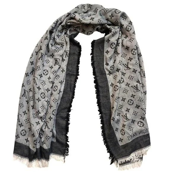 LOUIS VUITTON LV Vintage Light & Charcoal Gray Black Monogram Scarf Shawl Wrap - Picture 2 of 11